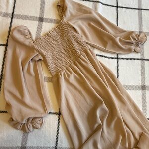 Smocked Square-Neck Dress in Taupe